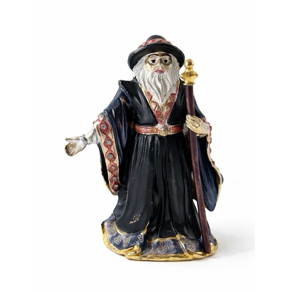 Vintage Wizard Figurine Heavy Metal Jeweled Staff Sorcerer Fantasy 3” Figure
